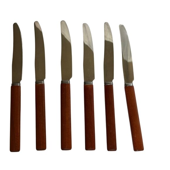 Set Of 6 Stainless Steel Cheese Knives With Wooden Handles Made In Japan Vintage - Picture 1 of 6